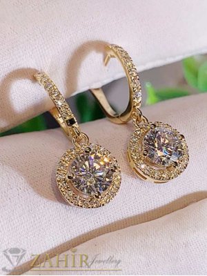 Уникални блестящи халки с висулка кръгъл фасетиран циркон с малки кристали,златно покритие, английско закопчаване, размери 2,7 на 1 см   - O3060